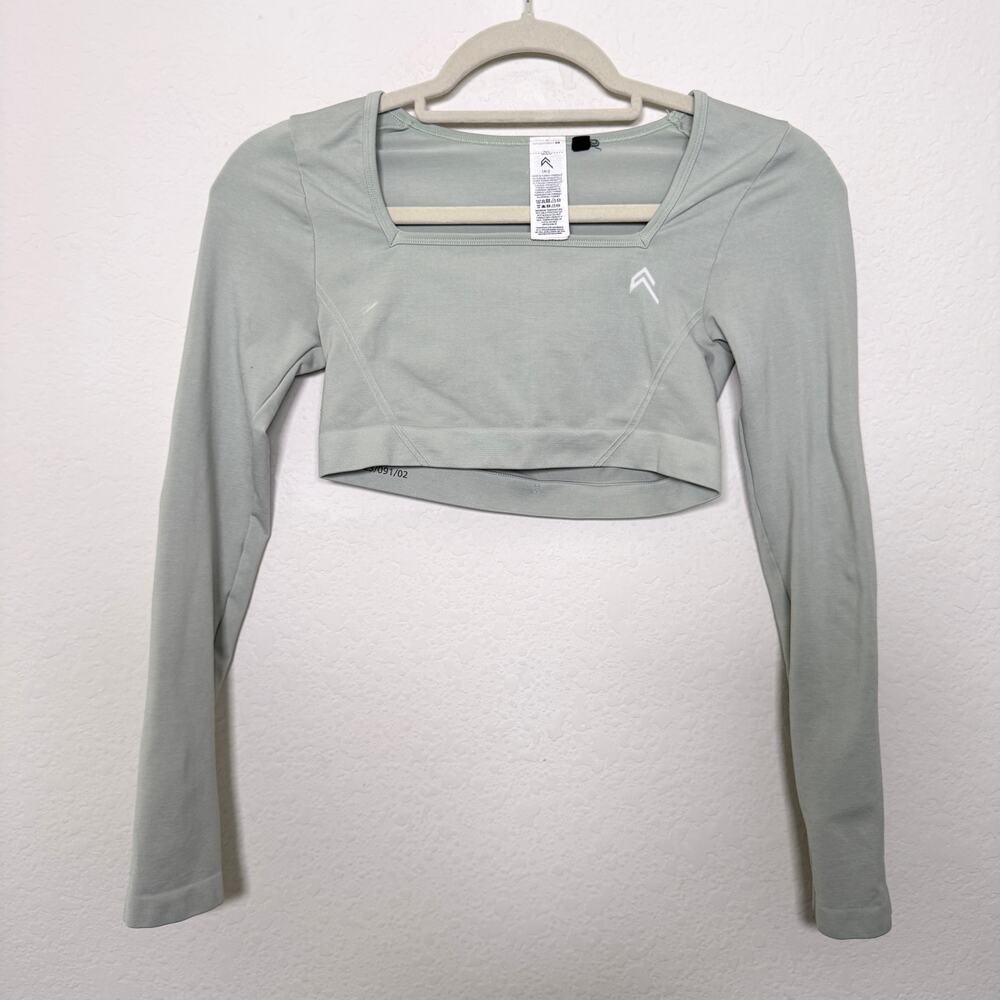 Oner Active Womens Long Sleeve Crop Workout Top Size S Square Neck Gym Green